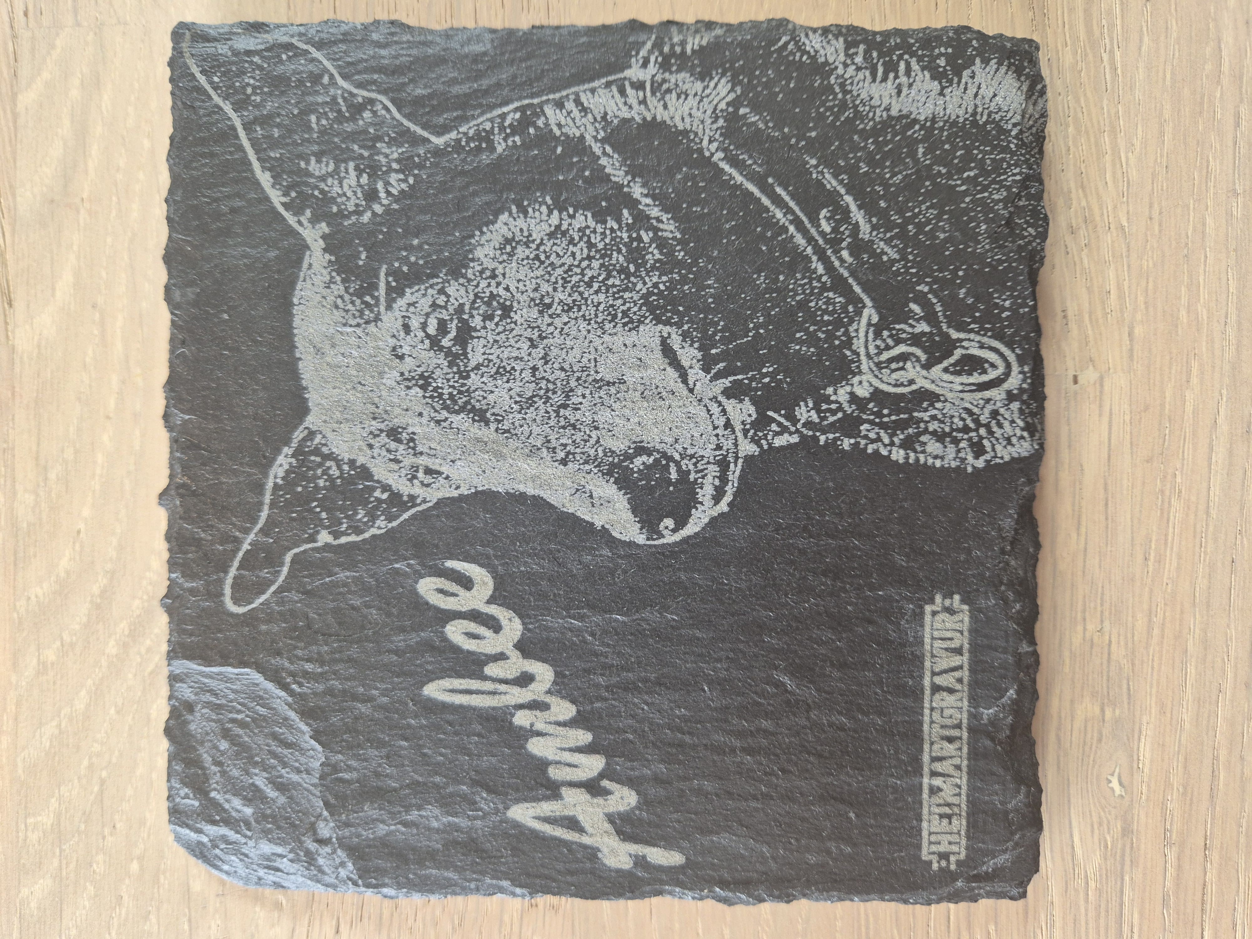 Fotogravur auf Schiefer im Format 13x13 cm inklusive dem Namen des Hundes und dem HeimArtGravur-Logo-Schriftzug.
